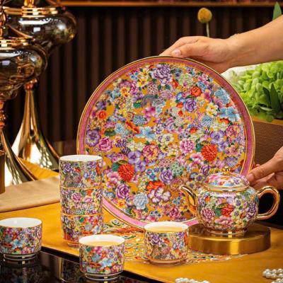BỘ ẤM CHÉN BÁCH HOA VIỀN VÀNG CAO CẤP